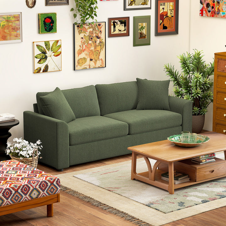 Sofá de 3 Lugares Sofá Sala de Estar 212x80x88 cm Estofado em Veludo Canelado com 2 Almofadas Apoios de Braço e Almofada de Molas Desenho Moderno para Sala de Estar Quarto Verde