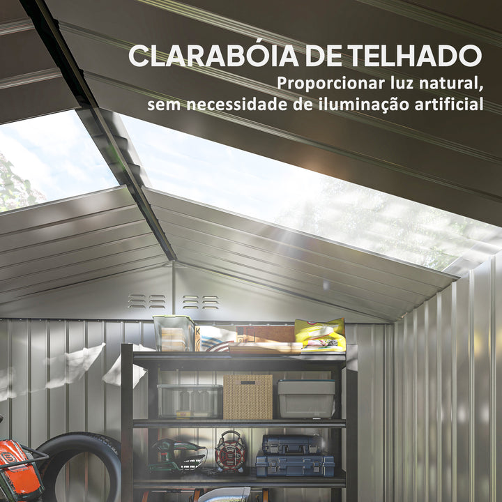 Abrigo de Jardim Exterior 4,9 m² 277x195x192 cm Abrigo de Jardim Metálico com Telhado de Fibra de Vidro Portas Deslizantes Base Reforçada (Chão NÃO Incluído) e Janelas Cinzento Escuro