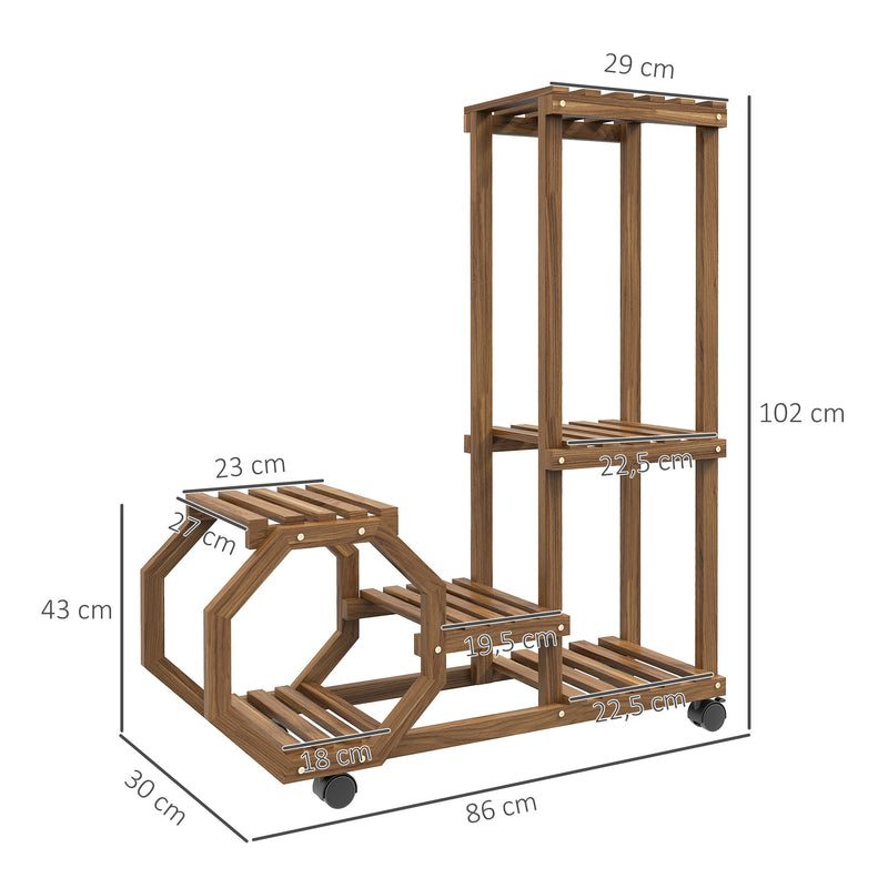 Estante para Vasos de 5 Níveis Suporte para Vasos de Plantas de Madeira Suporte para Plantas com Rodas para Interior e Exterior 86x30x102 cm Marrom Carbonizado