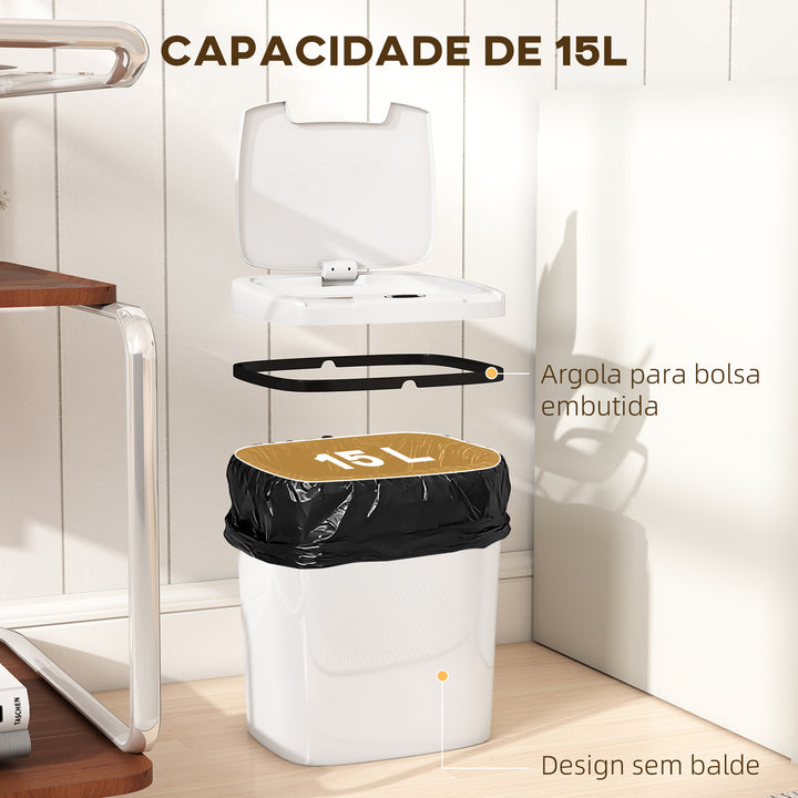 Balde de Lixo Automático 15L Papeleira de Cozinha com Sensor Infravermelhos e Modo Manual Anel de Retenção Antimarcas, para Escritório Casa 27,6x21,4x33,5 cm Branco