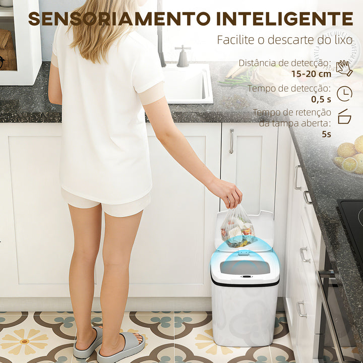Balde de Lixo Automático 15L Papeleira de Cozinha com Sensor Infravermelhos e Modo Manual Anel de Retenção Antimarcas, para Escritório Casa 27,6x21,4x33,5 cm Branco