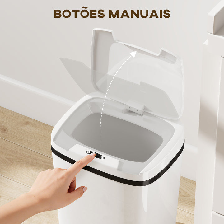 Balde de Lixo Automático 15L Papeleira de Cozinha com Sensor Infravermelhos e Modo Manual Anel de Retenção Antimarcas, para Escritório Casa 27,6x21,4x33,5 cm Branco