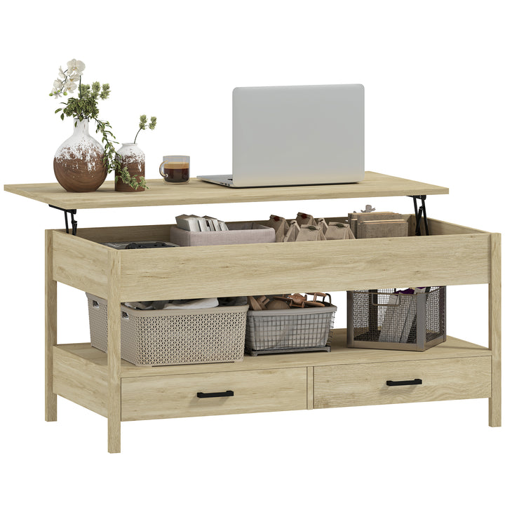 Mesa de Centro Elevável Mesa de Centro com Bancada Elevável Espaço Oculto de Armazenamento Gavetas e Prateleira Aberta 100x50x48-62 cm Carvalho