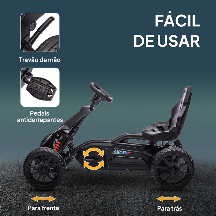 Kart a Pedais Infantil Kart a Pedais para Crianças de 3-8 Anos com Assento Ajustável em 4 Posições, Travão de Mão e Rodas de EVA Carga 30 kg Preto