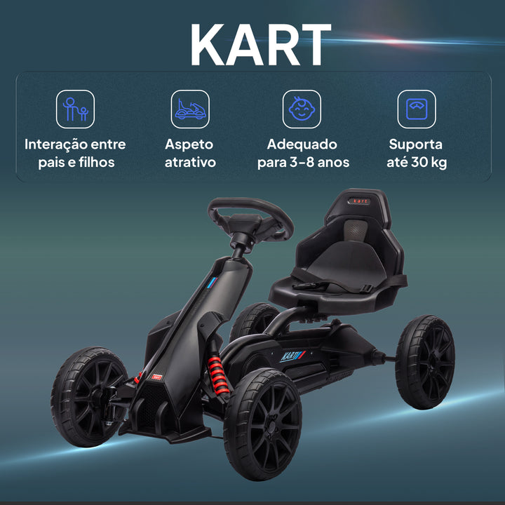 Kart a Pedais Infantil Kart a Pedais para Crianças de 3-8 Anos com Assento Ajustável em 4 Posições, Travão de Mão e Rodas de EVA Carga 30 kg Preto