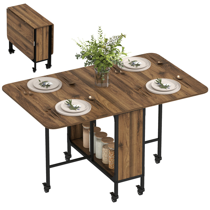 Mesa de Cozinha Dobrável Mesa de Refeição Dobrável com Rodas Laterais Abatíveis e Prateleira Mesa Dobrável para Sala de Jantar 130x80x74 cm Marrom