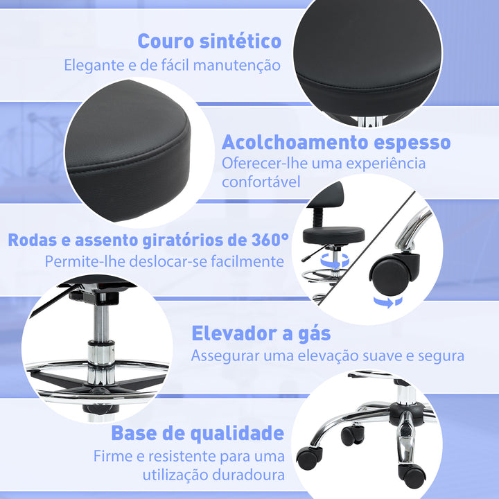 Banco Giratório com Rodas e Encosto Apoio para Pés Altura Ajustável Estofado em Couro Sintético para Escritório, Quarto 52x52x78-92 cm Preto