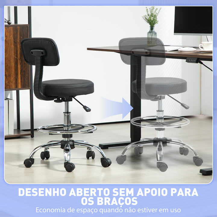 Banco Giratório com Rodas e Encosto Apoio para Pés Altura Ajustável Estofado em Couro Sintético para Escritório, Quarto 52x52x78-92 cm Preto