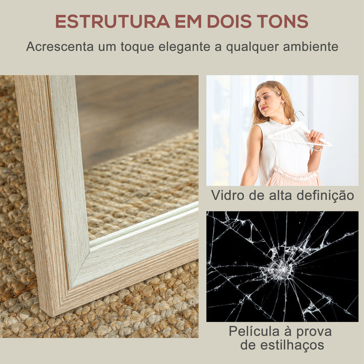 Espelho de Pé 37x157 cm Espelho de Corpo Inteiro com Estrutura de MDF e Suporte para Sala de Estar Dormitório Branco e Madeira Clara
