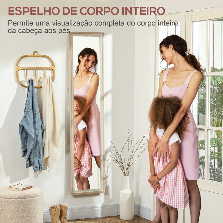 Espelho de Pé 37x157 cm Espelho de Corpo Inteiro com Estrutura de MDF e Suporte para Sala de Estar Dormitório Branco e Madeira Clara