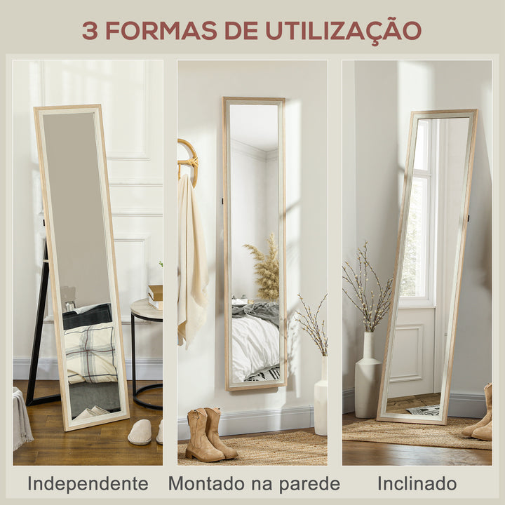 Espelho de Pé 37x157 cm Espelho de Corpo Inteiro com Estrutura de MDF e Suporte para Sala de Estar Dormitório Branco e Madeira Clara