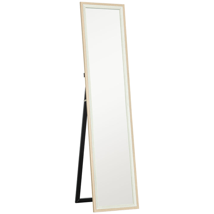 Espelho de Pé 37x157 cm Espelho de Corpo Inteiro com Estrutura de MDF e Suporte para Sala de Estar Dormitório Branco e Madeira Clara