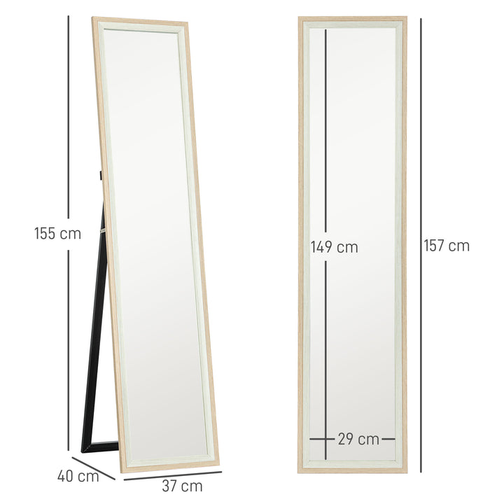 Espelho de Pé 37x157 cm Espelho de Corpo Inteiro com Estrutura de MDF e Suporte para Sala de Estar Dormitório Branco e Madeira Clara