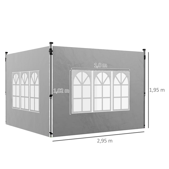 2 Painéis Laterais para Tenda de 3x3 / 3x4 m 295x195 cm Parede de Substituição de Tecido Oxford para Tendas Dobráveis com Janela para Jardim Exterior Festas Cinzento Claro