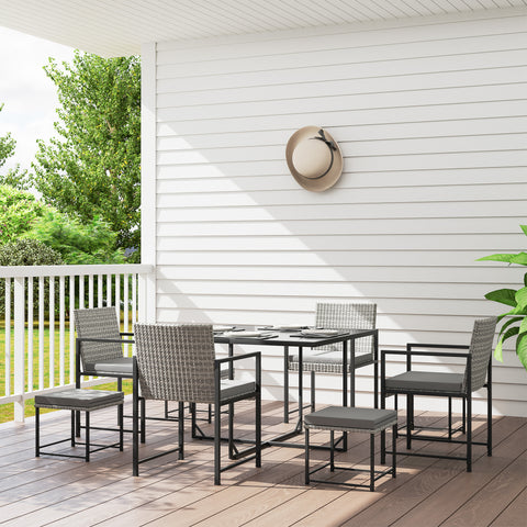 Conjunto de Móveis de Jardim de Vime de 9 Peças Conjunto de Exterior de Vime Sintético com Mesa com Vidro Temperado 4 Cadeiras 4 Bancos Impermeáveis Almofadas Cinzento