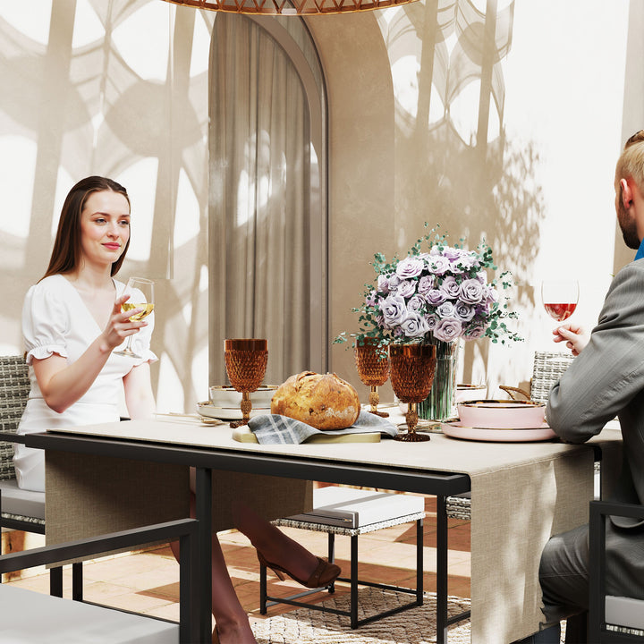 Conjunto de Móveis de Jardim de Vime de 9 Peças Conjunto de Exterior de Vime Sintético com Mesa com Vidro Temperado 4 Cadeiras 4 Bancos Impermeáveis Almofadas Cinzento