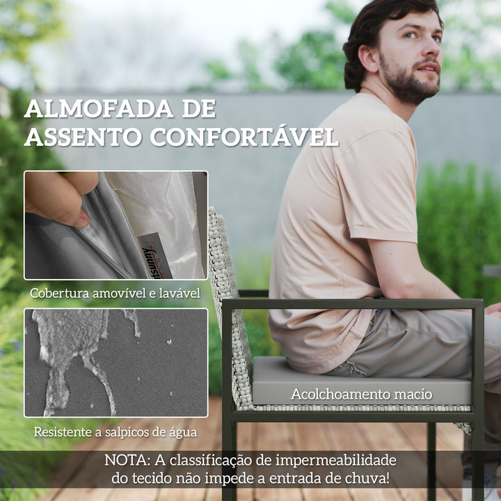 Conjunto de Móveis de Jardim de Vime de 9 Peças Conjunto de Exterior de Vime Sintético com Mesa com Vidro Temperado 4 Cadeiras 4 Bancos Impermeáveis Almofadas Cinzento