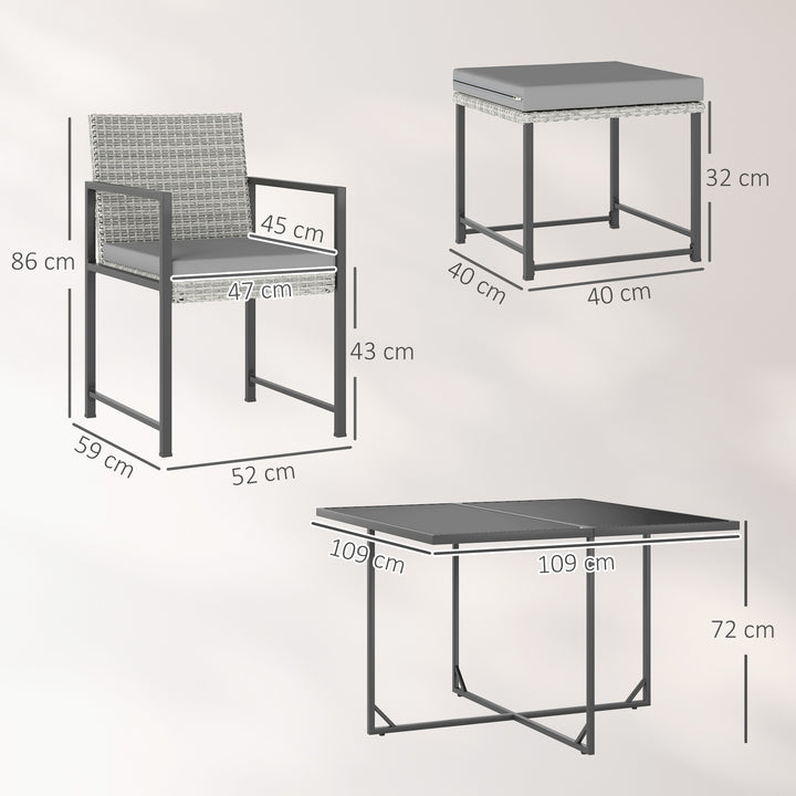 Conjunto de Móveis de Jardim de Vime de 9 Peças Conjunto de Exterior de Vime Sintético com Mesa com Vidro Temperado 4 Cadeiras 4 Bancos Impermeáveis Almofadas Cinzento