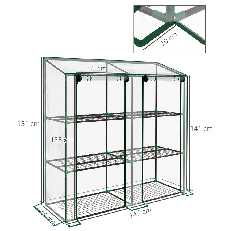 Estufa de Jardim de 3 Níveis Estufa de Terraço com Prateleiras Teto Inclinado e 2 Portas com Fecho de Correr para Cultivo de Plantas em Pátio 143x46x141/151 cm Transparente