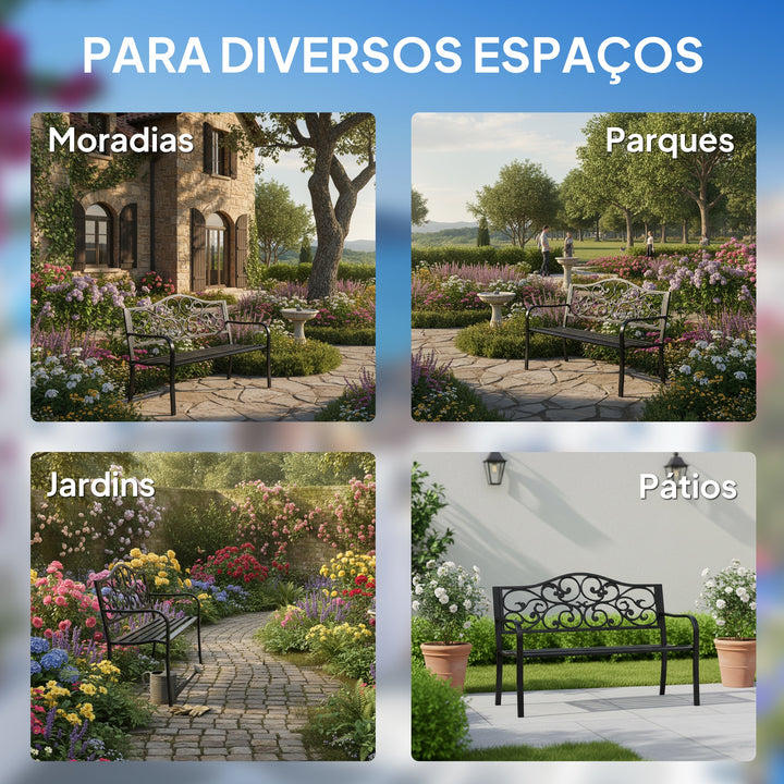 Banco de Jardim de Aço Banco de Exterior com Encosto e Apoio para os Braços Carga Máxima 240 kg para Pátio Varanda 127x60x89 cm Preto