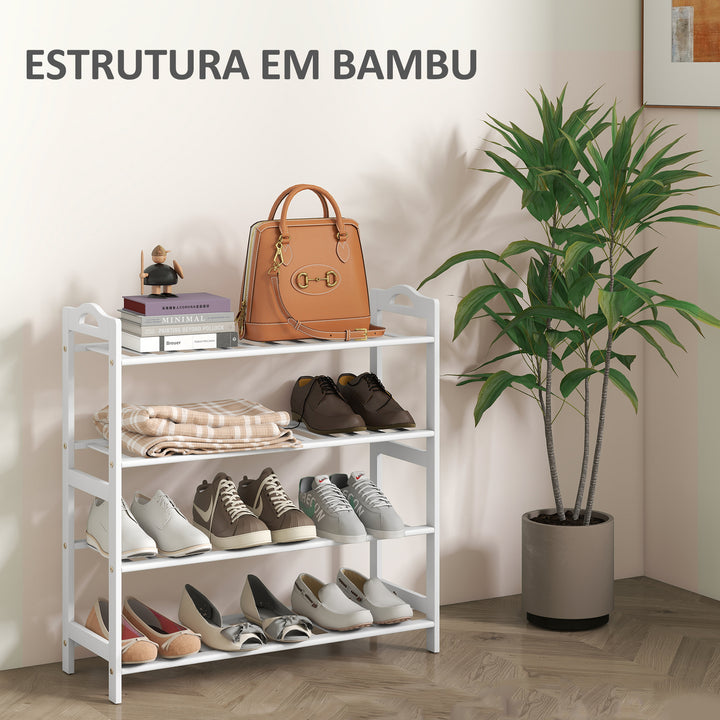Sapateira de 4 Níveis Estante para Sapatos em Bambu para 12 Pares de Sapatos para Entrada Corredor Quarto 67,5x24,7x72 cm Branco