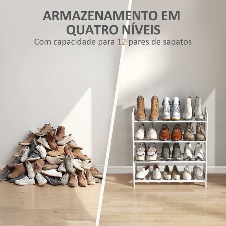 Sapateira de 4 Níveis Estante para Sapatos em Bambu para 12 Pares de Sapatos para Entrada Corredor Quarto 67,5x24,7x72 cm Branco