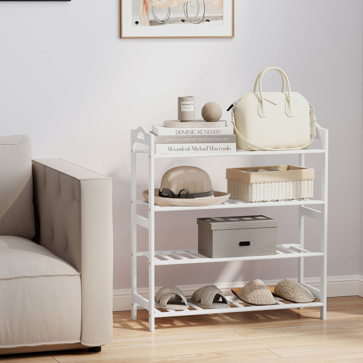 Sapateira de 4 Níveis Estante para Sapatos em Bambu para 12 Pares de Sapatos para Entrada Corredor Quarto 67,5x24,7x72 cm Branco