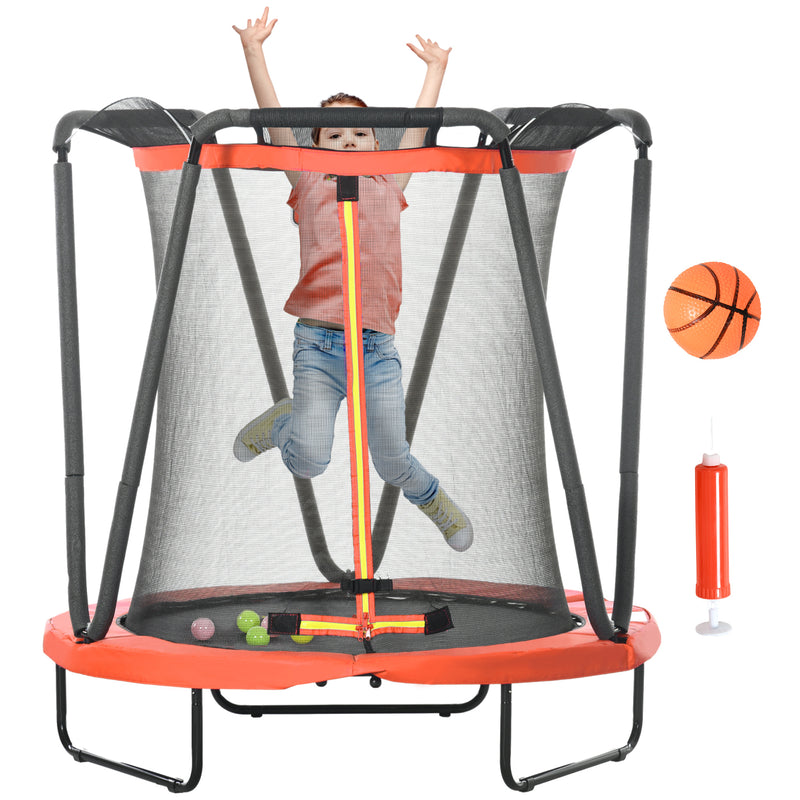 Trampolim Infantil Ø140x155 cm Trampolim para Crianças de 3-10 Anos com Rede de Segurança Cesta de Basquetebol e 20 Bolas de Plástico para Interior Vermelho