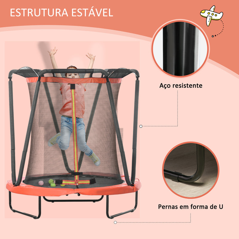 Trampolim Infantil Ø140x155 cm Trampolim para Crianças de 3-10 Anos com Rede de Segurança Cesta de Basquetebol e 20 Bolas de Plástico para Interior Vermelho