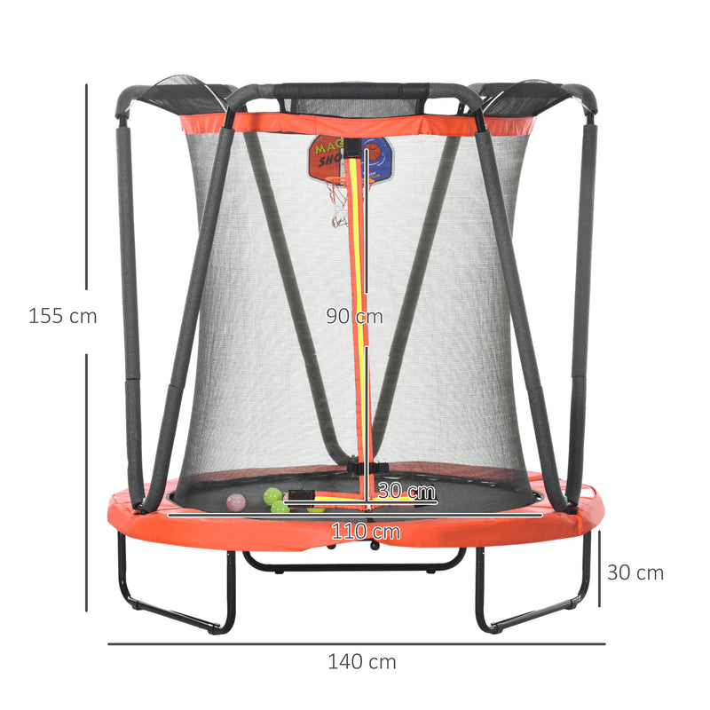 Trampolim Infantil Ø140x155 cm Trampolim para Crianças de 3-10 Anos com Rede de Segurança Cesta de Basquetebol e 20 Bolas de Plástico para Interior Vermelho