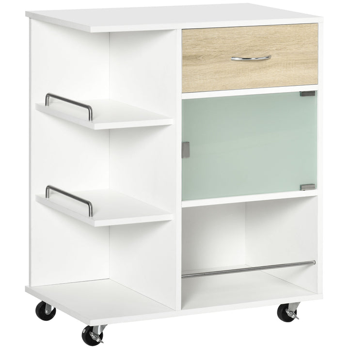 Carrinho de Cozinha com 1 Gaveta Porta de Vidro e Prateleiras Abertas Carrinho de Cozinha Auxiliar com Rodas para Sala de Estar Casa de Banho 65x39x80cm Madeira e Branco
