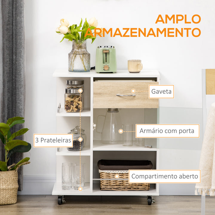 Carrinho de Cozinha com 1 Gaveta Porta de Vidro e Prateleiras Abertas Carrinho de Cozinha Auxiliar com Rodas para Sala de Estar Casa de Banho 65x39x80cm Madeira e Branco