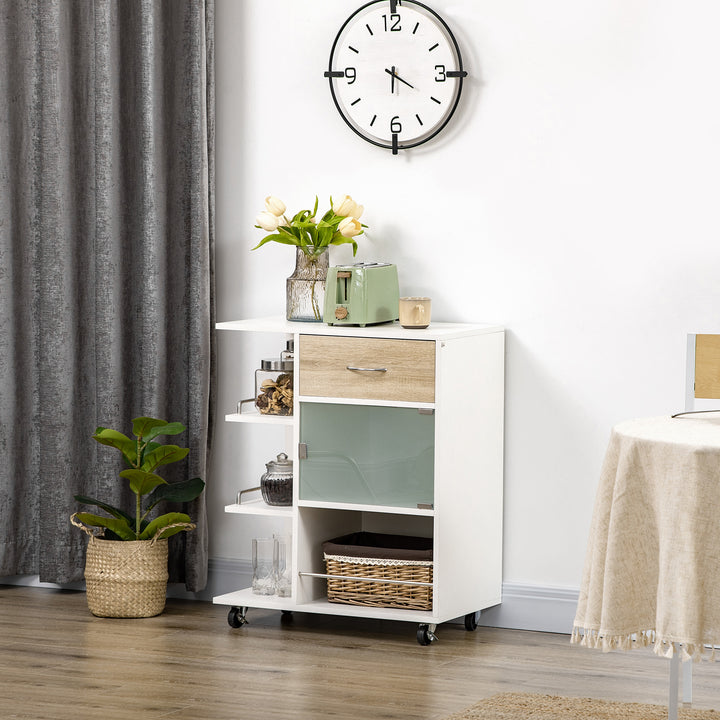 Carrinho de Cozinha com 1 Gaveta Porta de Vidro e Prateleiras Abertas Carrinho de Cozinha Auxiliar com Rodas para Sala de Estar Casa de Banho 65x39x80cm Madeira e Branco