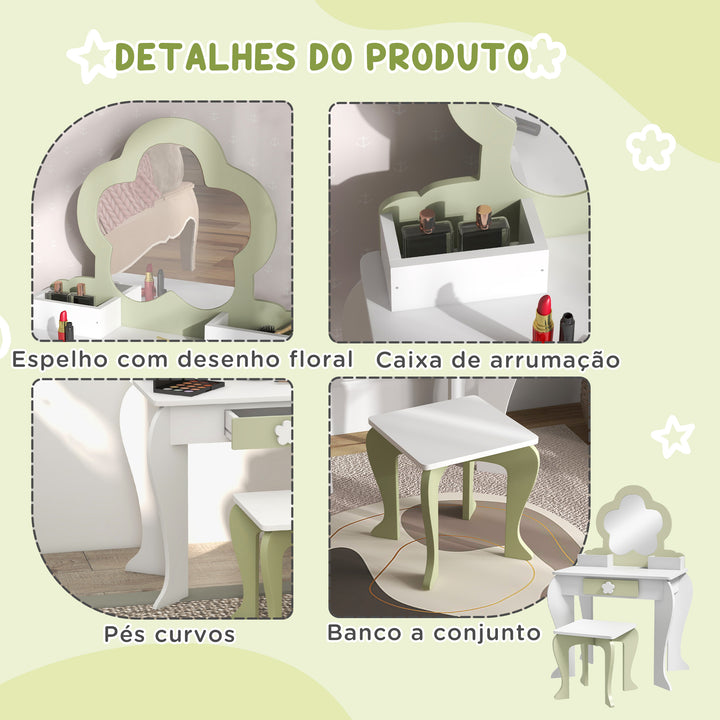 Toucador para Crianças com Espelho e Banco Toucador de Maquilhagem para Crianças de 3-6 Anos com 2 Compartimentos e Gaveta 55x34x87,5 cm Branco e Verde Pastel