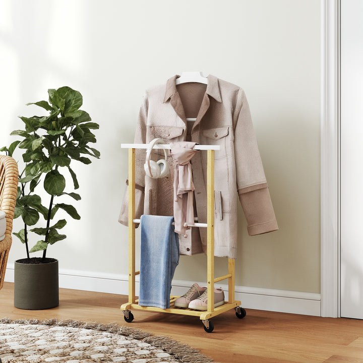 Cabide de Pé de Bambu com Rodas Cabide para Roupas com Barras para Calças e Prateleira Inferior para Sapatos Estilo Nórdico para Quarto 47x33,7x105,5 cm Madeira e Branco