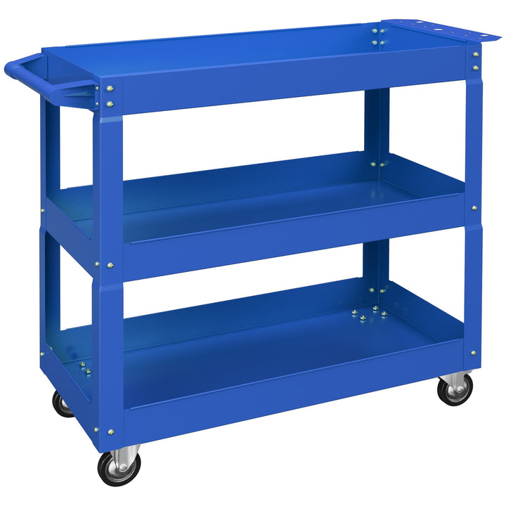 Carrinho de Ferramentas com Rodas Carro de Ferramentas de Oficina de Aço com 3 Prateleiras de Armazenamento e Alça Lateral para Garagem Oficina Carga Máxima 150kg 83x35,3x76 cm Azul