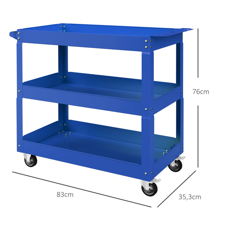 Carrinho de Ferramentas com Rodas Carro de Ferramentas de Oficina de Aço com 3 Prateleiras de Armazenamento e Alça Lateral para Garagem Oficina Carga Máxima 150kg 83x35,3x76 cm Azul