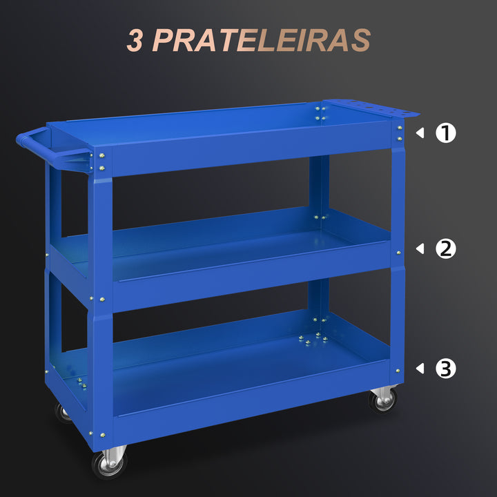 Carrinho de Ferramentas com Rodas Carro de Ferramentas de Oficina de Aço com 3 Prateleiras de Armazenamento e Alça Lateral para Garagem Oficina Carga Máxima 150kg 83x35,3x76 cm Azul