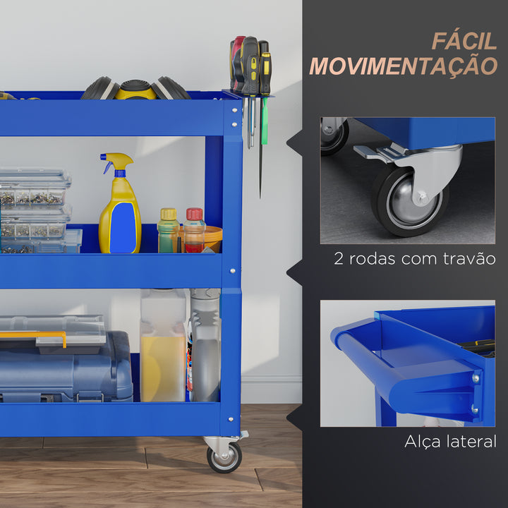 Carrinho de Ferramentas com Rodas Carro de Ferramentas de Oficina de Aço com 3 Prateleiras de Armazenamento e Alça Lateral para Garagem Oficina Carga Máxima 150kg 83x35,3x76 cm Azul