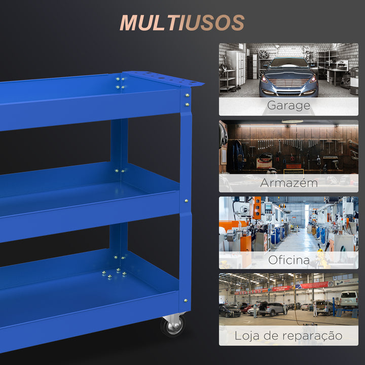 Carrinho de Ferramentas com Rodas Carro de Ferramentas de Oficina de Aço com 3 Prateleiras de Armazenamento e Alça Lateral para Garagem Oficina Carga Máxima 150kg 83x35,3x76 cm Azul