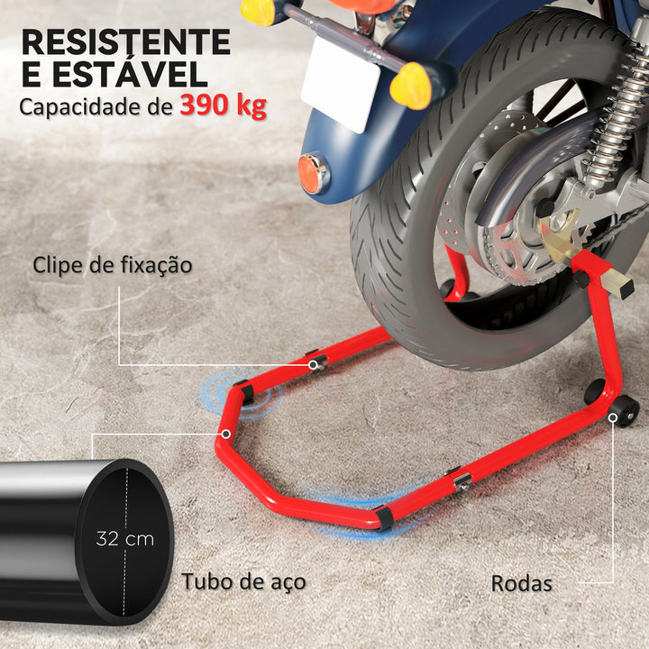 Suporte de Roda Dianteira e Traseira para Mota Carga 390 kg Cavalete Moto Elevador Universal com Adaptadores de Garfos em U e L Ajustáveis e Rodas para Reparação e Manutenção Vermelho