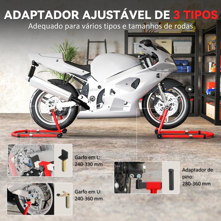 Suporte de Roda Dianteira e Traseira para Mota Carga 390 kg Cavalete Moto Elevador Universal com Adaptadores de Garfos em U e L Ajustáveis e Rodas para Reparação e Manutenção Vermelho