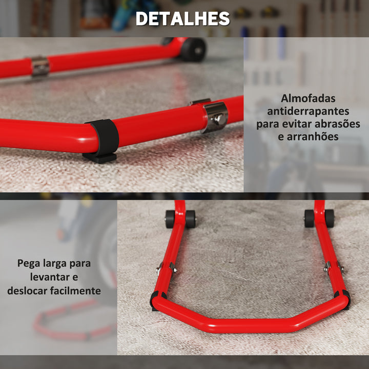 Suporte de Roda Dianteira e Traseira para Mota Carga 390 kg Cavalete Moto Elevador Universal com Adaptadores de Garfos em U e L Ajustáveis e Rodas para Reparação e Manutenção Vermelho