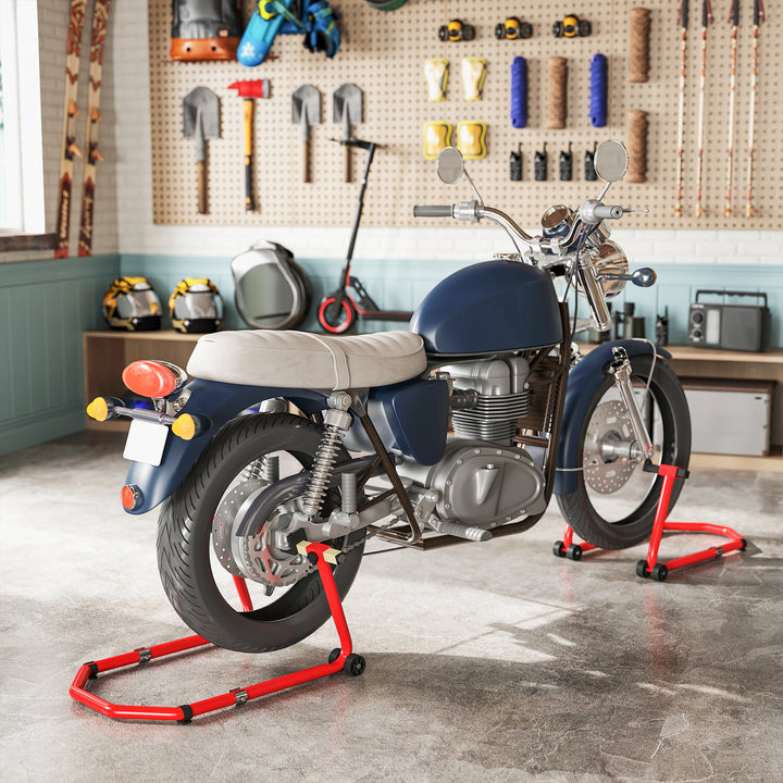 Suporte de Roda Dianteira e Traseira para Mota Carga 390 kg Cavalete Moto Elevador Universal com Adaptadores de Garfos em U e L Ajustáveis e Rodas para Reparação e Manutenção Vermelho