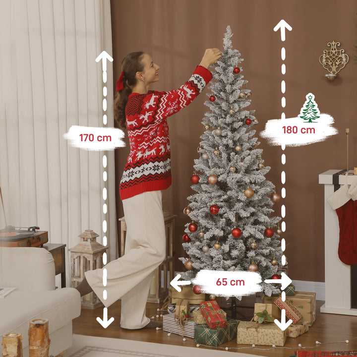 Árvore de Natal Estreita 180 cm Árvore de Natal Nevada com Luzes LED Bicolores 11 Modos de Iluminação 479 Ramos Suporte Metálico Montagem Fácil Verde