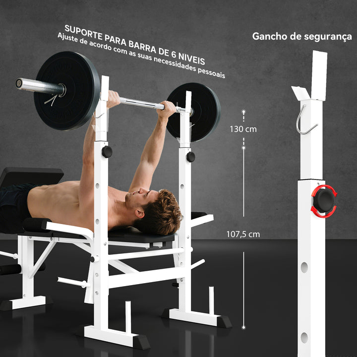 Banco de Musculação Multifuncional Inclinável com Suporte para Barra Ajustável Extensão de Pernas Curl de Predicador para Treino em Casa e Ginásio 180x134x113-136 cm Preto