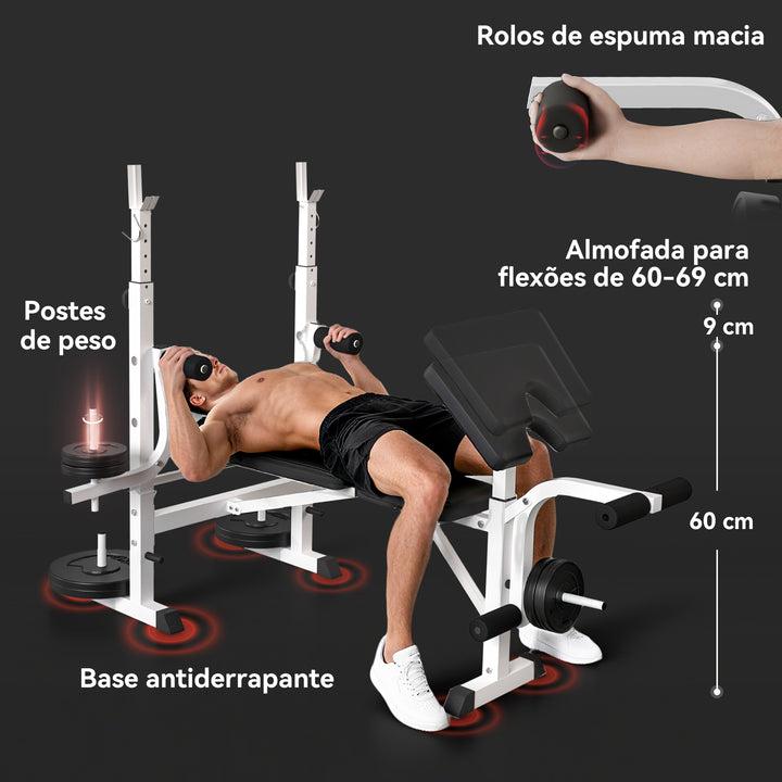 Banco de Musculação Multifuncional Inclinável com Suporte para Barra Ajustável Extensão de Pernas Curl de Predicador para Treino em Casa e Ginásio 180x134x113-136 cm Preto