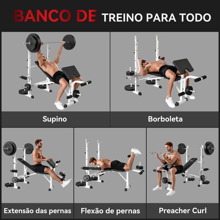 Banco de Musculação Multifuncional Inclinável com Suporte para Barra Ajustável Extensão de Pernas Curl de Predicador para Treino em Casa e Ginásio 180x134x113-136 cm Preto