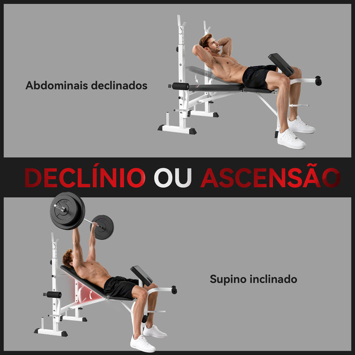Banco de Musculação Multifuncional Inclinável com Suporte para Barra Ajustável Extensão de Pernas Curl de Predicador para Treino em Casa e Ginásio 180x134x113-136 cm Preto