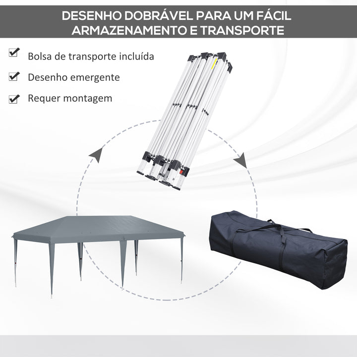 Tenda Dobrável 585x295x270 cm Tenda de Jardim Portátil com Bolsa de Transporte Tecido Oxford Estrutura de Aço para Exterior Festas Acampamento Cinza